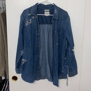 American Eagle Oversized Distressed Denim Button Down Shirt